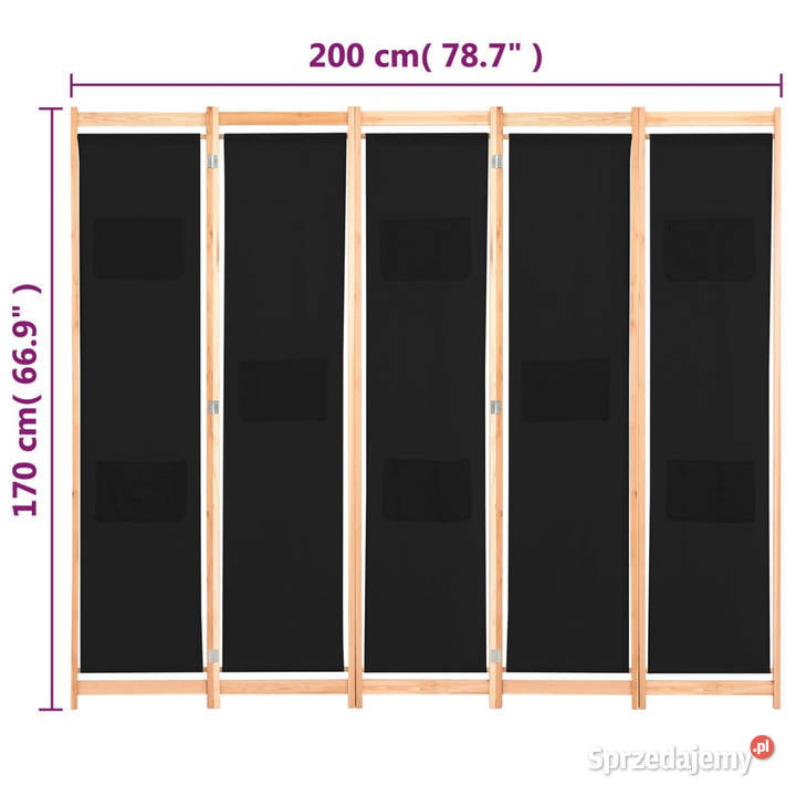 Parawan 5panelowy czarny 200 x 170 x 4 tkanina