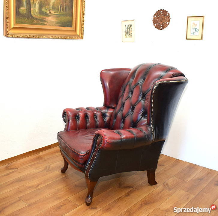 Fotel chesterfield piękny uszak skóra pikowany Świdnica
