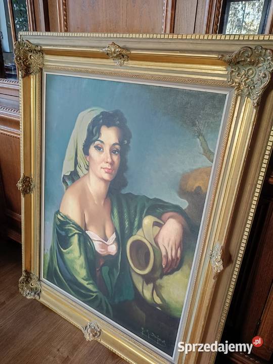 Duży obraz na płótnie w pięknej starej ramie Lipno