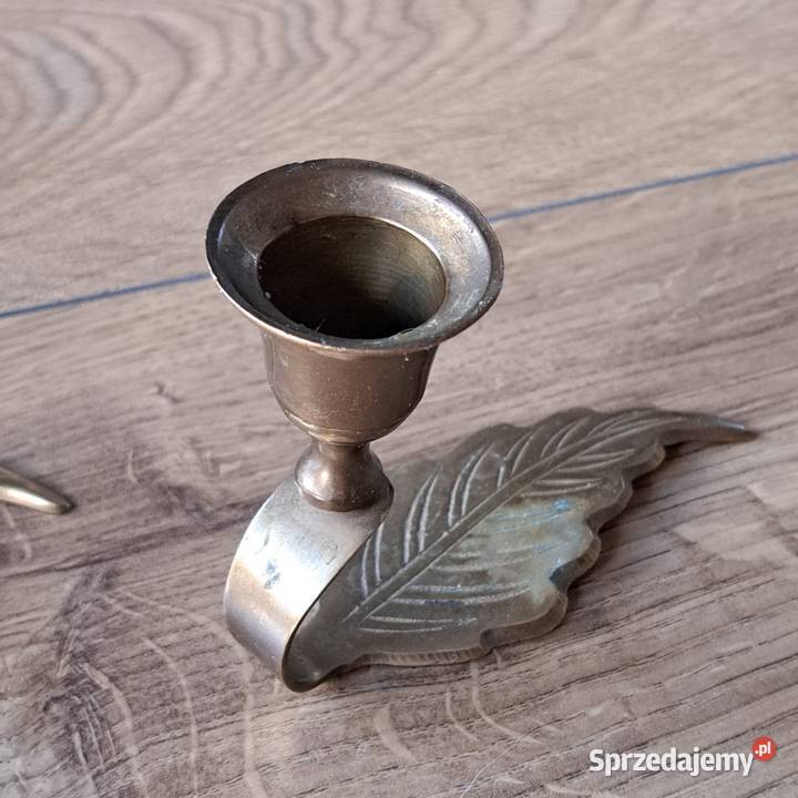 Zestaw 2 mosiężnych świeczników vintage liść Domaszczyn