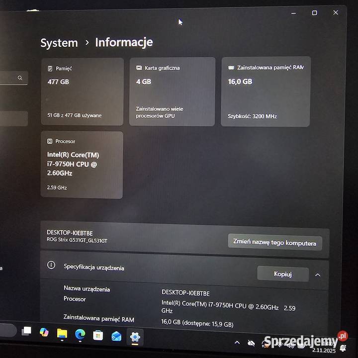Laptop Asus ROG Strix Intel i7 12x45GHz GTX Biecz sprzedam