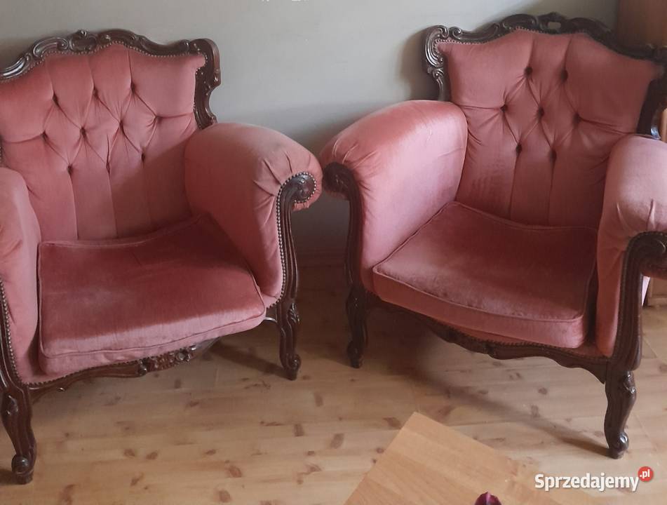 Stylowe fotele vintage rozowy welur drewno Koszalin