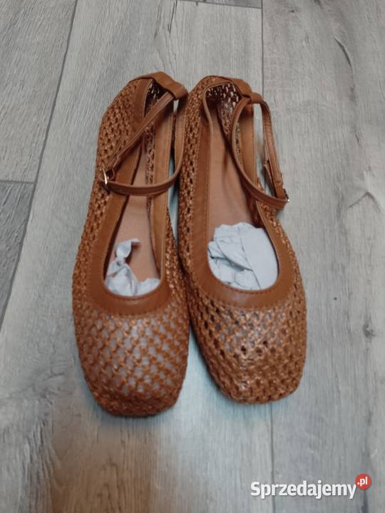 49 Brązowe siateczkowe baleriny wieczorowe z brązowy/beżowy