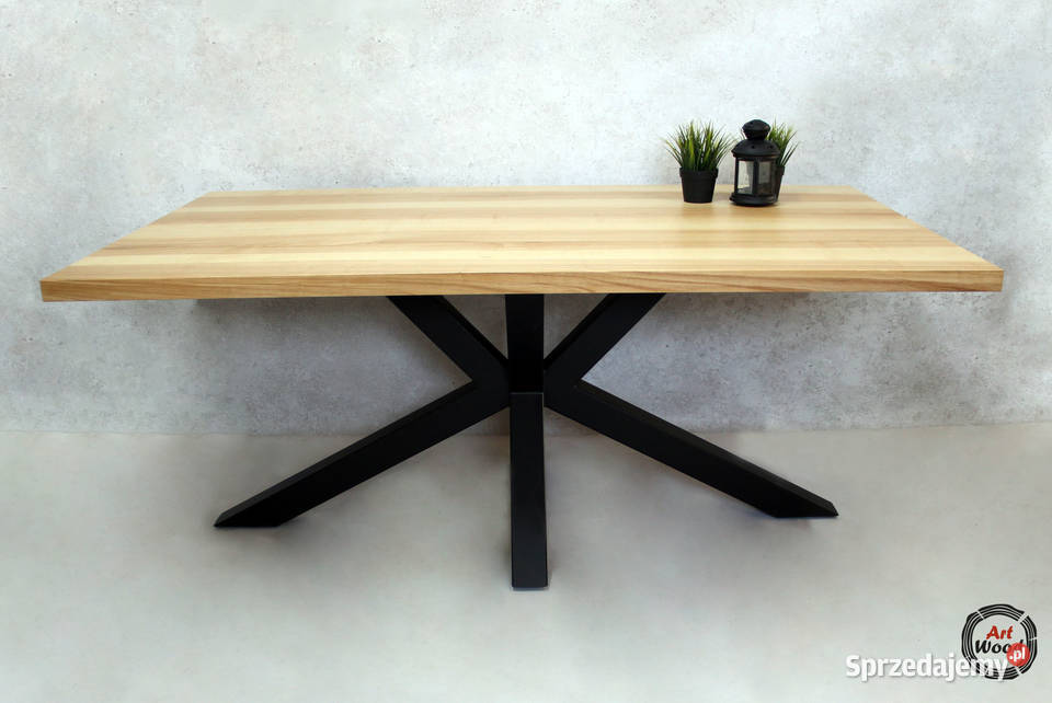 Stół loftowy, stół z podstawa stalową, blat drewniany jesion