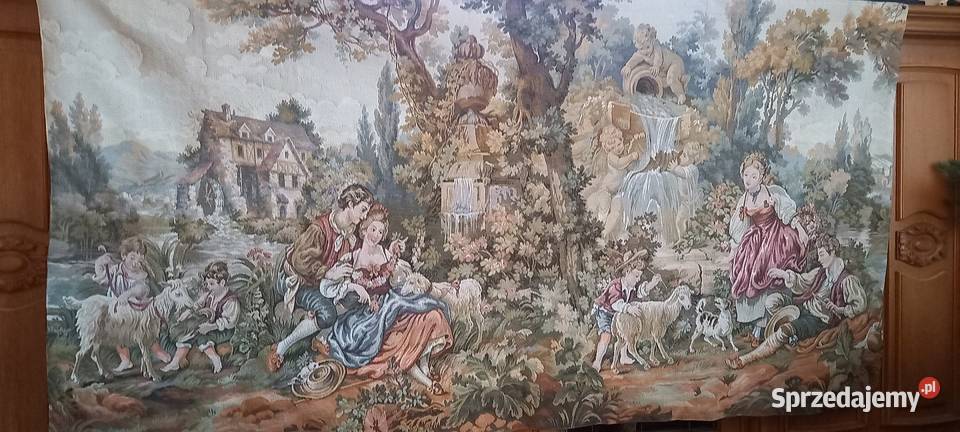 Duży gobelintapiseria Dworska scenka rodzajowa łódzkie