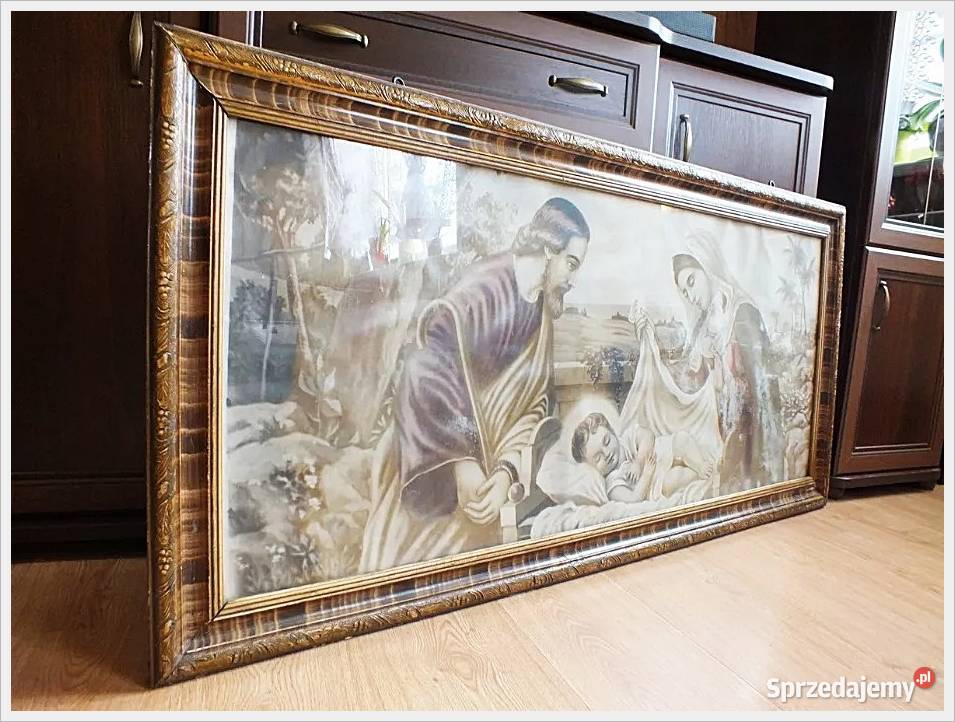 Stary DUŻY Obraz Świętej Rodziny 130x63 W ramie Żary