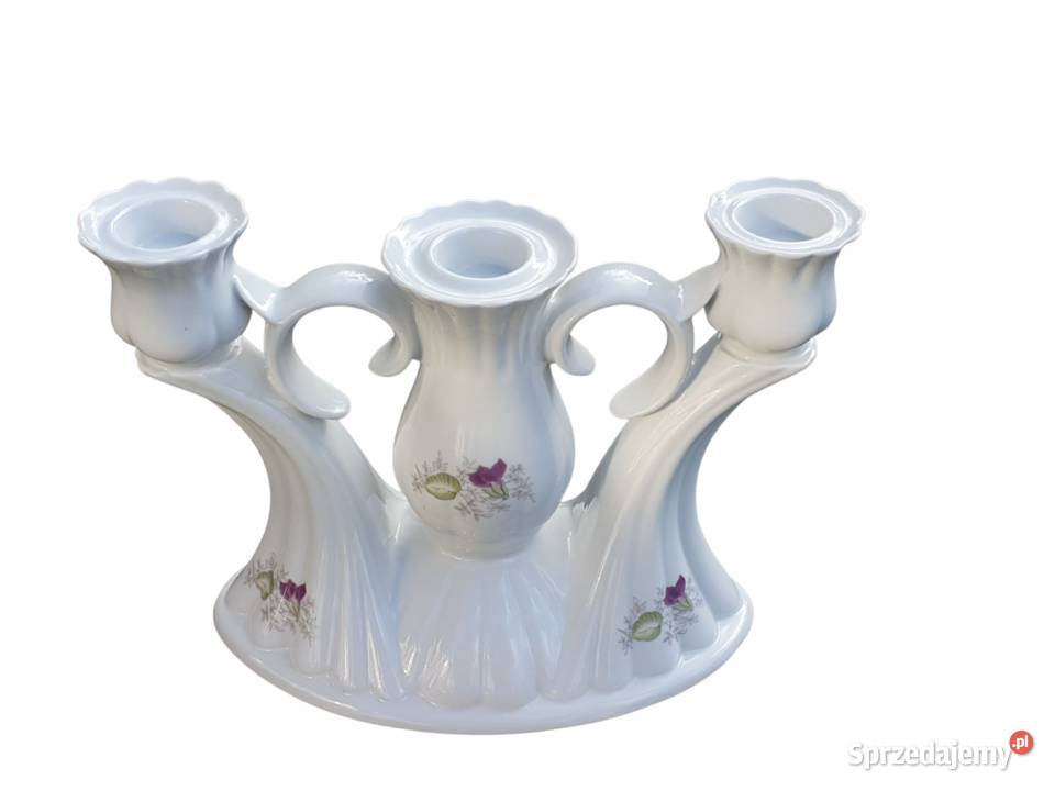 Stary porcelanowy świecznik trzyramienny Porcelana i szkło Antyki, Sztuka, Kolekcje śląskie