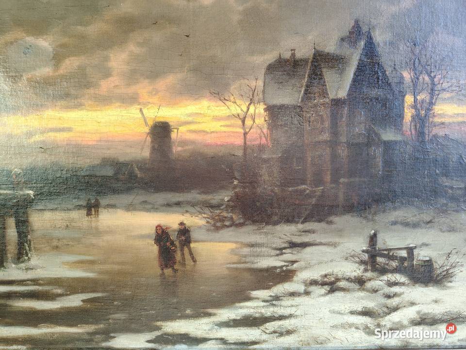 Stary obraz olejny Zima lodowisko