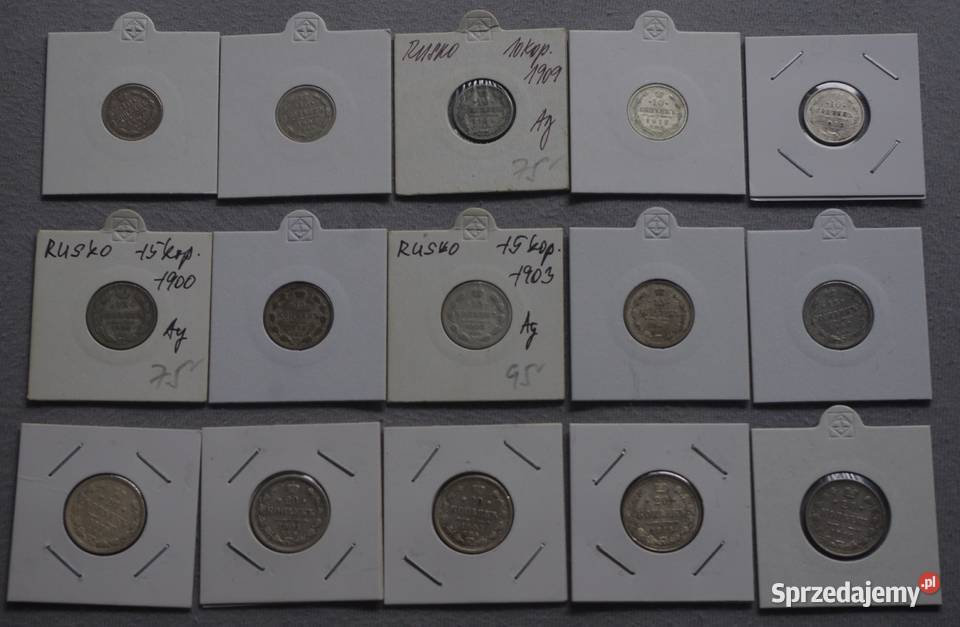 Zestaw carskich kopiejek 1875 do 1916r SREBRO 15 mazowieckie Płock