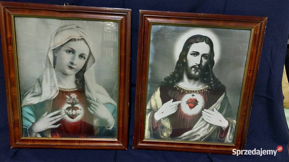 Stary obraz Jezus Serce Jezusa w drewnianej