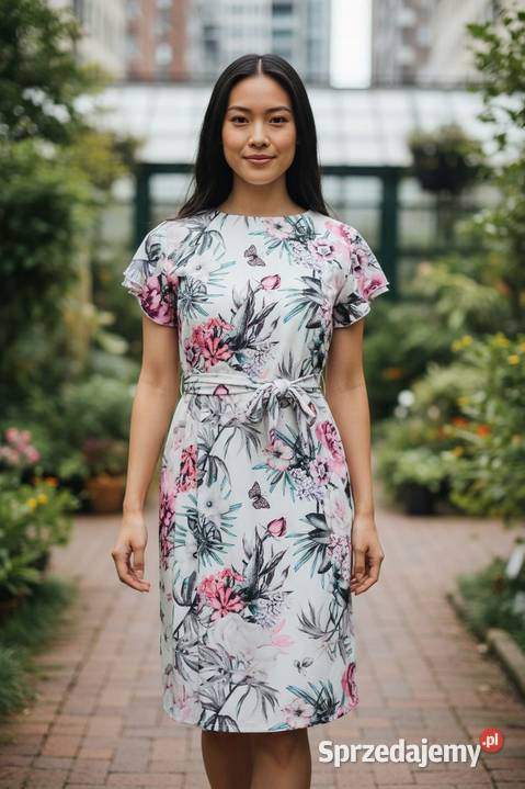 Sukienka damska elegancka kwiaty falbana wiązana Spódnice i sukienki Wieluń