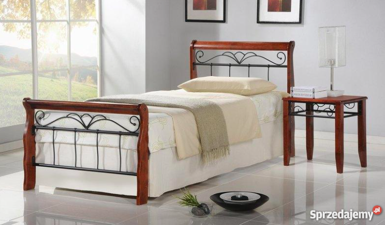 Łóżko VERONICA 90x200 metalowe + drewno Pojedyncze drewniane