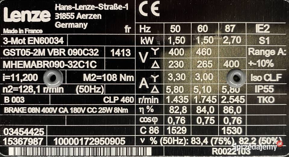 motoreduktor przekładnia 15kW 1281obr HAMULEC kujawsko-pomorskie Pigża