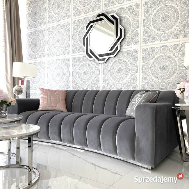 Nowoczesna sofa 3 osobowa szara na srebrnej 75cm Sofy i kanapy