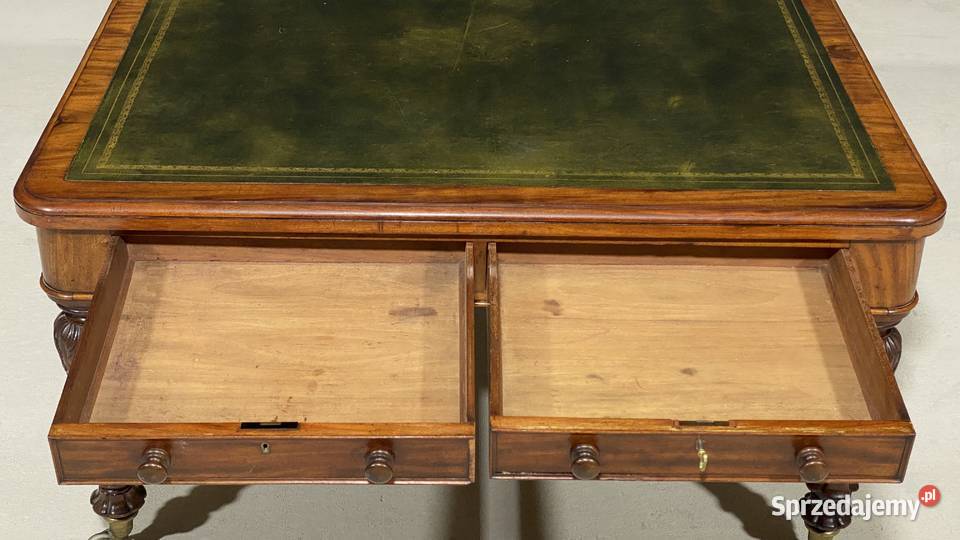 Antyczne biurko stół orzech skóra Anglia XIX w Budno