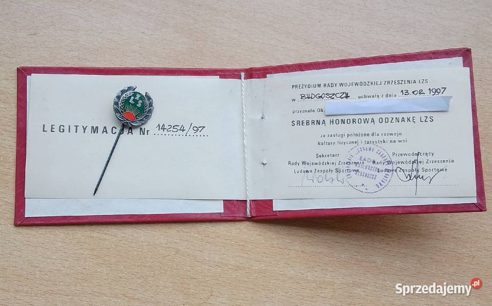 Legitymacja i odznaka srebrna LZS Nakło nad Notecią