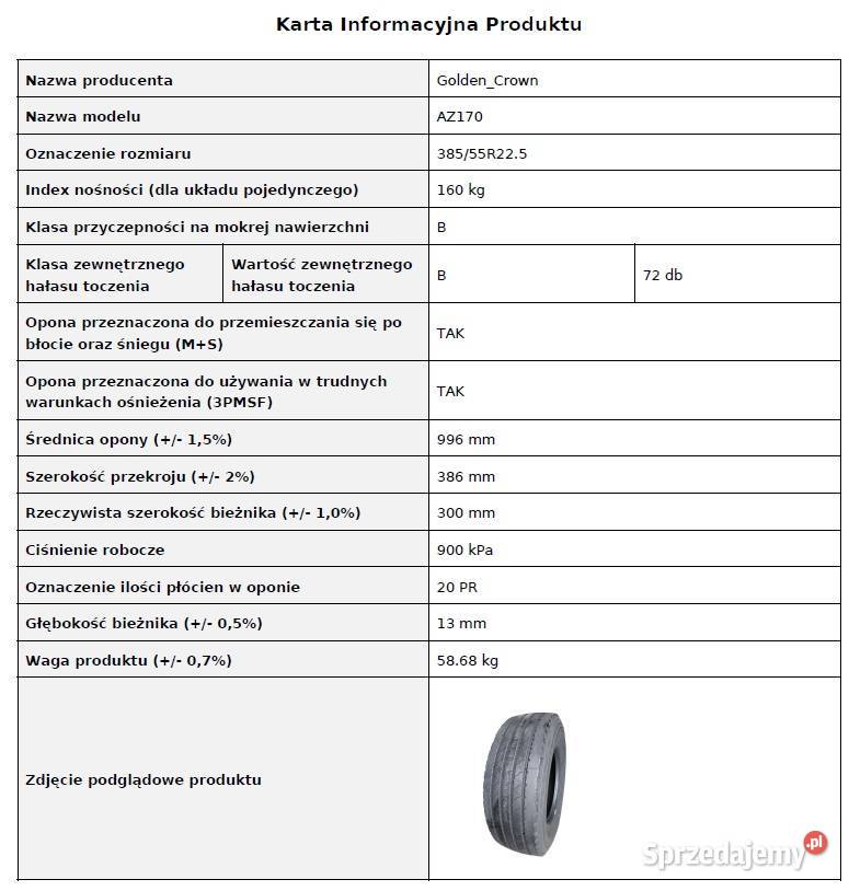 38555 R225 GOLDEN CROWN AZ170 Nowa opona naczepa Zarębki
