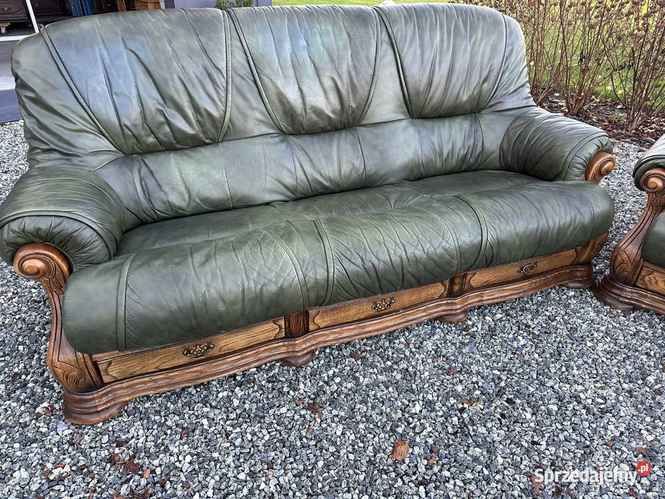 Masywny wypoczynek ze skóry na dębowym stelażu Sławoszewek