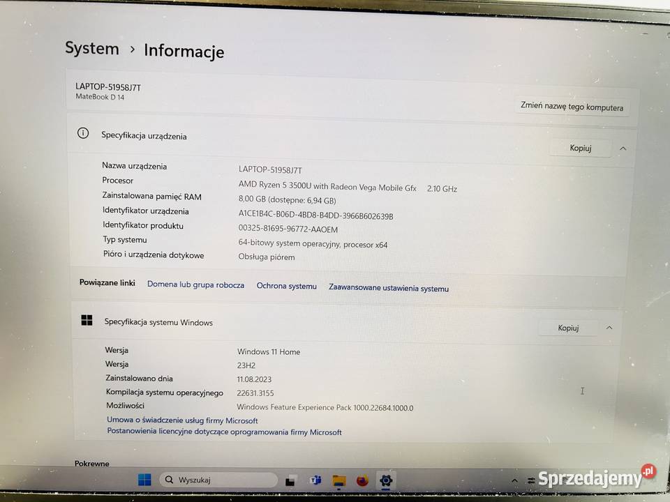 LAPTOP HUAWEI MATEBOOK D14 AMD RYZEN 5 8512GB Pozostałe sprzedam