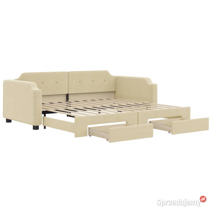 Sofa rozsuwana z szufladami kremowa tkanina Łóżka mazowieckie