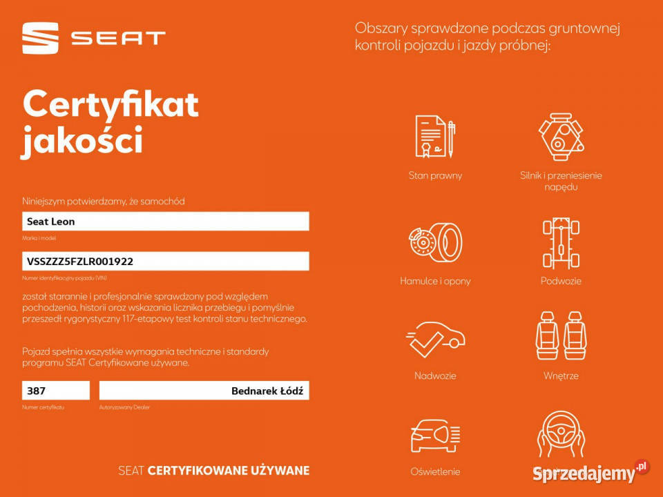 Seat Leon Bezwypadkowy Salon Polska Serwis ASO czujnik zmierzchu Leon Łódź