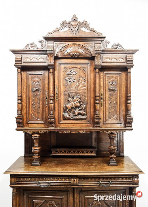 Antyk Wysoki KREDENS DĘBOWY z XX wieku motyw 52cm Kalisz