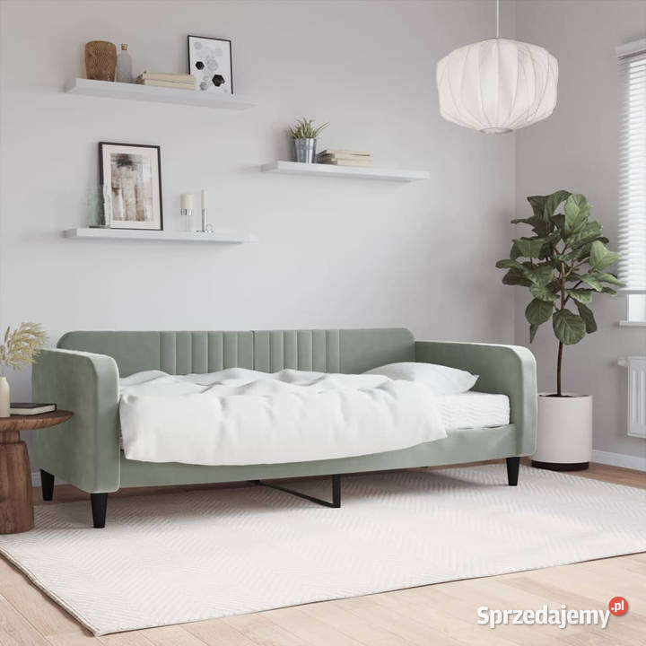 Sofa z materacem do spania jasnoszara aksamit
