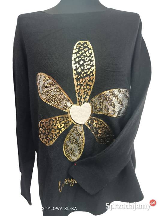 SWETER Bluzka BROKATOWY KWIAT ROZCIĄGLIWA czarna Pątnów sprzedam