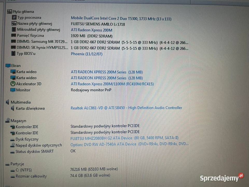 laptop Fujitsu Siemens Li1718 Fujitsu-Siemens Słupsk sprzedam