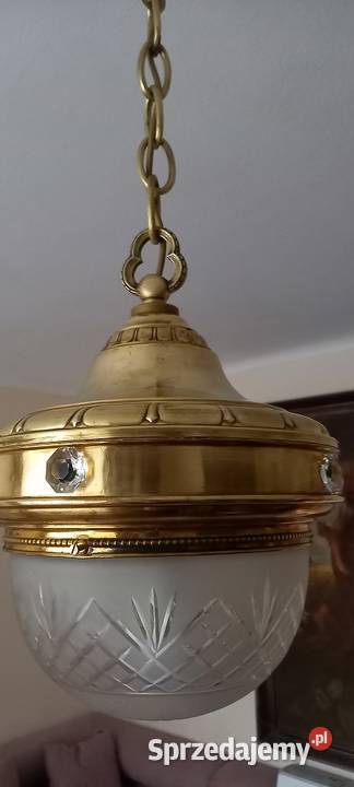 Lampa wisząca z mosiądzu kryształowy klosz Skierniewice