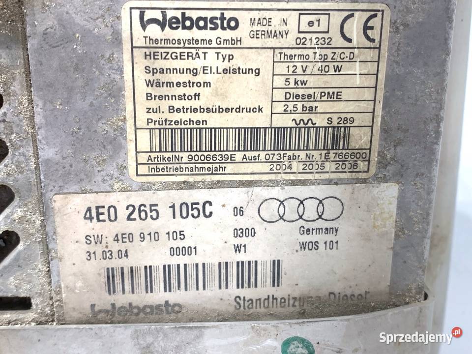 POMPA WEBASTO AUDI A8 D3 4E0910105 40 275 PALIWA sprzedam