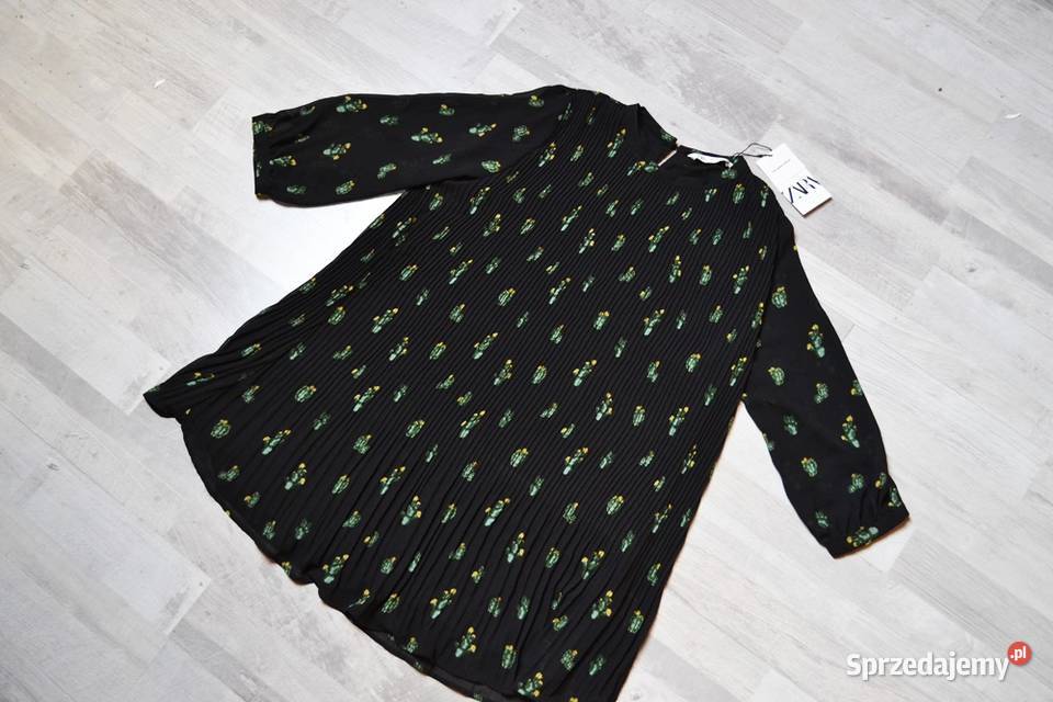 Sukienka Zara L czarna plisowana kaktusy print Płock