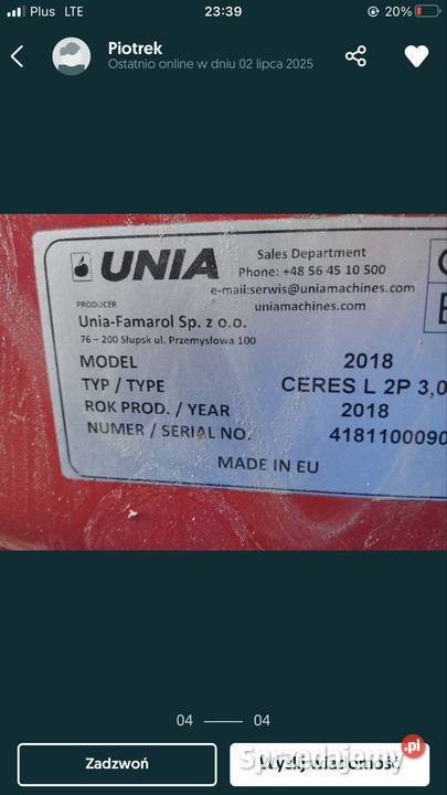 Unia ceres L 3 m Wodzisław sprzedam