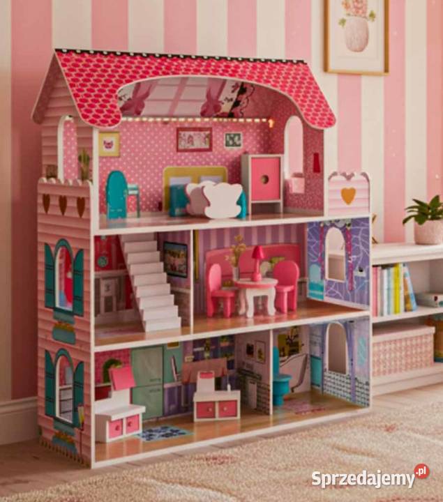 Domek lalek drewniany mebelki oświetlenie LED Łopuszno