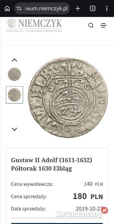 Półtorak Gustaw II Adolf Elbląg 1630 rzadki Wejherowo