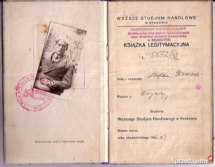 1932 KSIĄŻKA LEGITYMACYJNA WYŻSZE STUDIUM Antyki Czyrna
