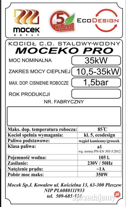 Kocioł CO Moceko PRO 35kw z podajnikiem na Głogów sprzedam