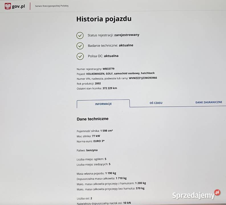 VW GOLF 16 MPI Benzyna 105 23 lata jeden wł Wieliszew