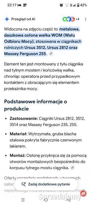 Osłona wałka WOM Ursus 2812 3512 3514 Massey Mirzec