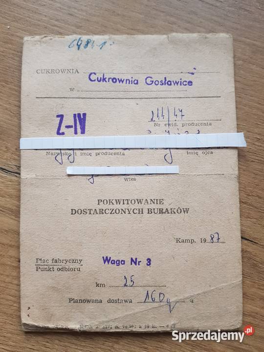 Pokwitowanie Dostarczonych Buraków 1987 r Golina