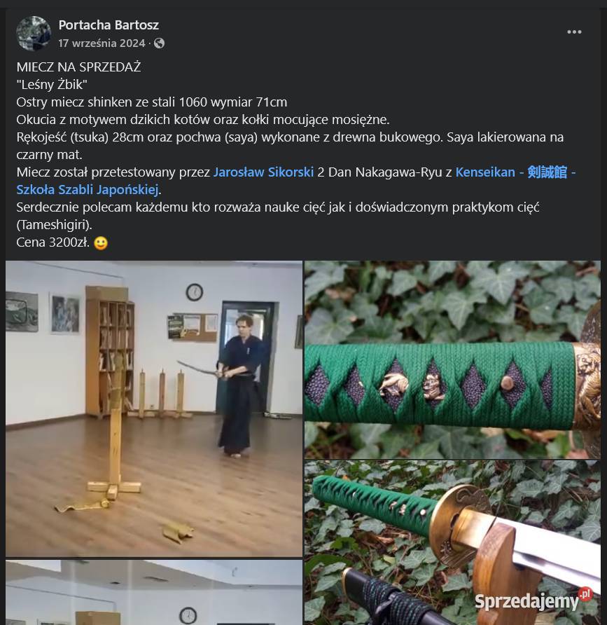 Katan Ostry miecz shinken ze stali 1060 wymiar Zieleniec sprzedam