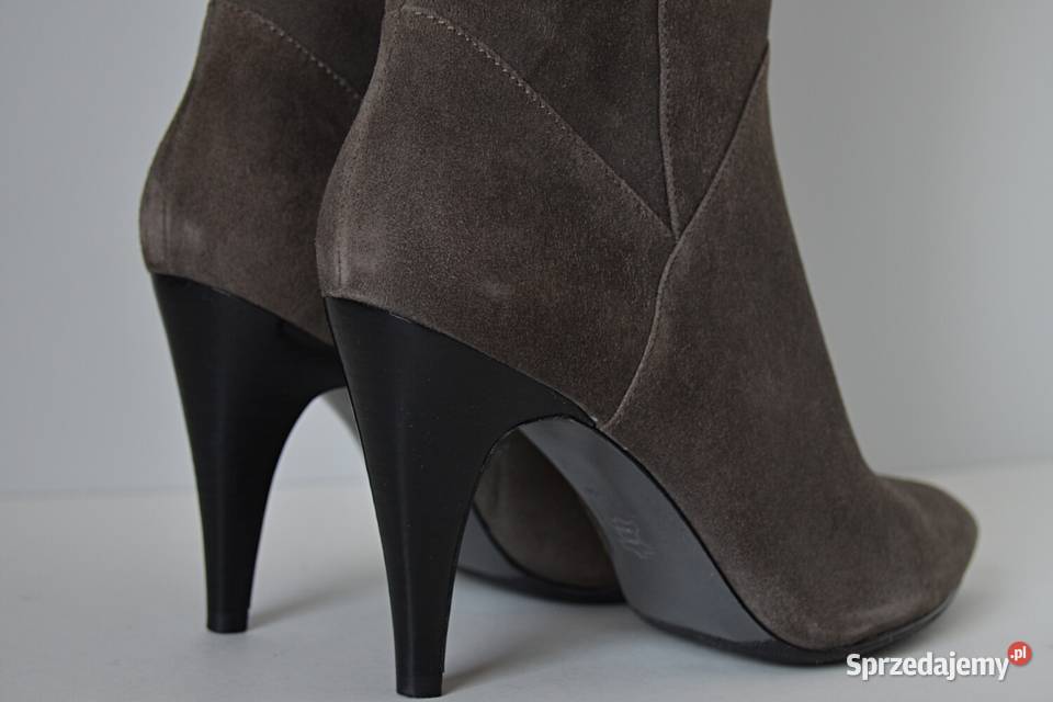 SZARY PRZYJEMNY ZAMSZ kozaki na wygodnej szpilce skóra podlaskie