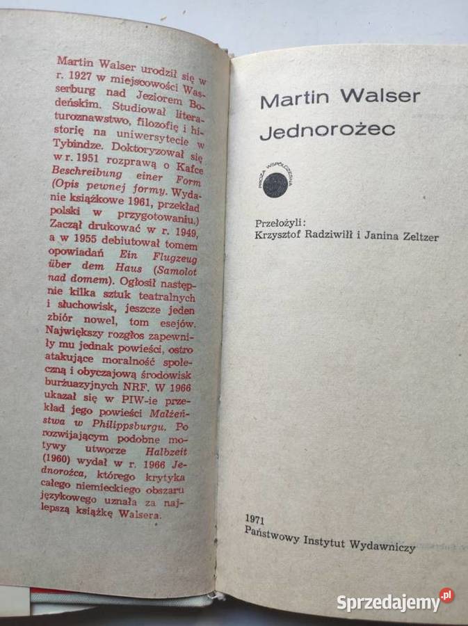 Martin Walser Jednorożec 1971 Das Einhorn twarda z obwolutą Kielce
