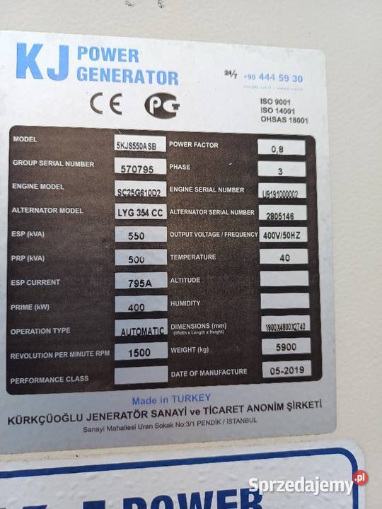 gregat prądotwórczy KJ Power 550 kVA 440 kWkj Jelcz-Laskowice sprzedam