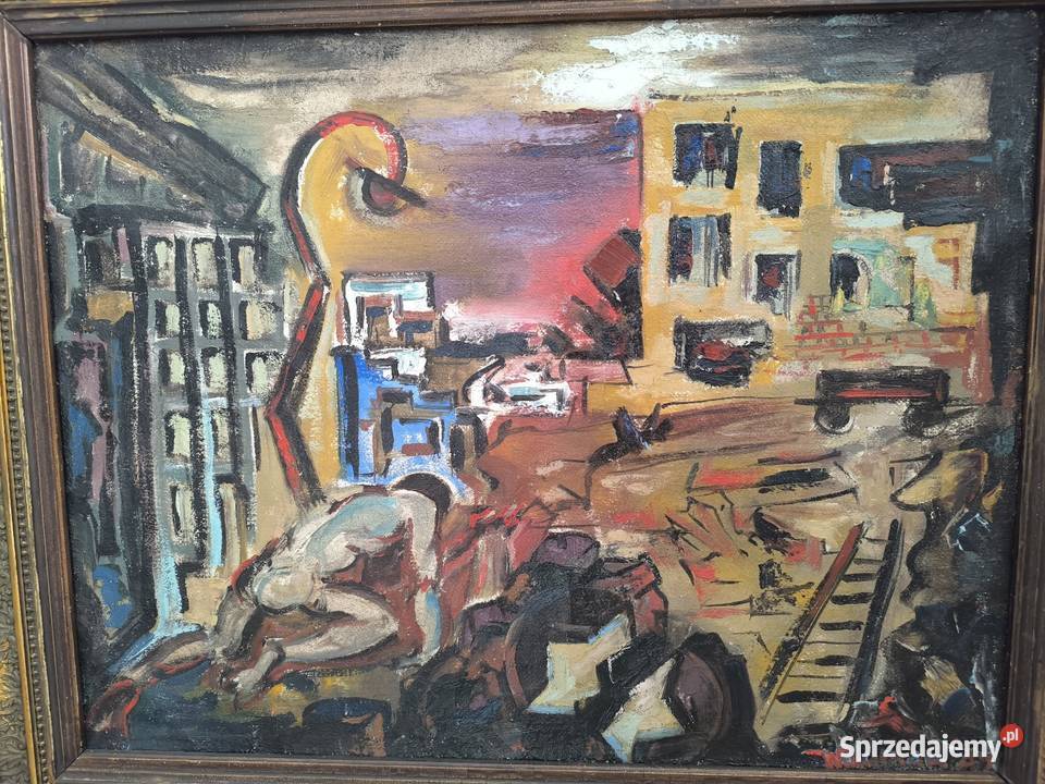 Piękny stary oryginalny obraz olejny 1947 r Łódź