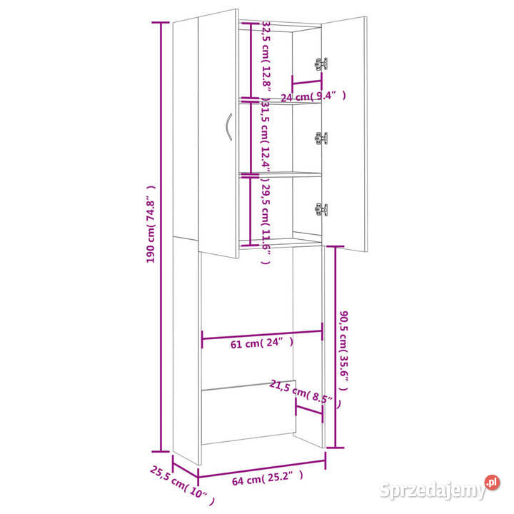 Szafka na pralkę brązowy dąb 64x255x190 WM813193 Warszawa sprzedam