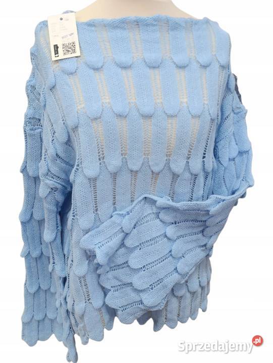 Sweter damski ażurowy oversize błękitny dekolt Wieluń