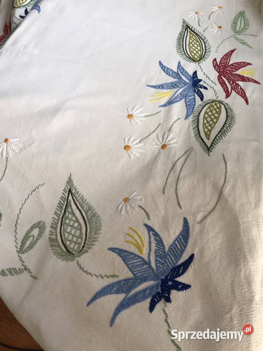 Biały obrus vintage ręcznie haftowany liście Obrusy i serwety Warszawa