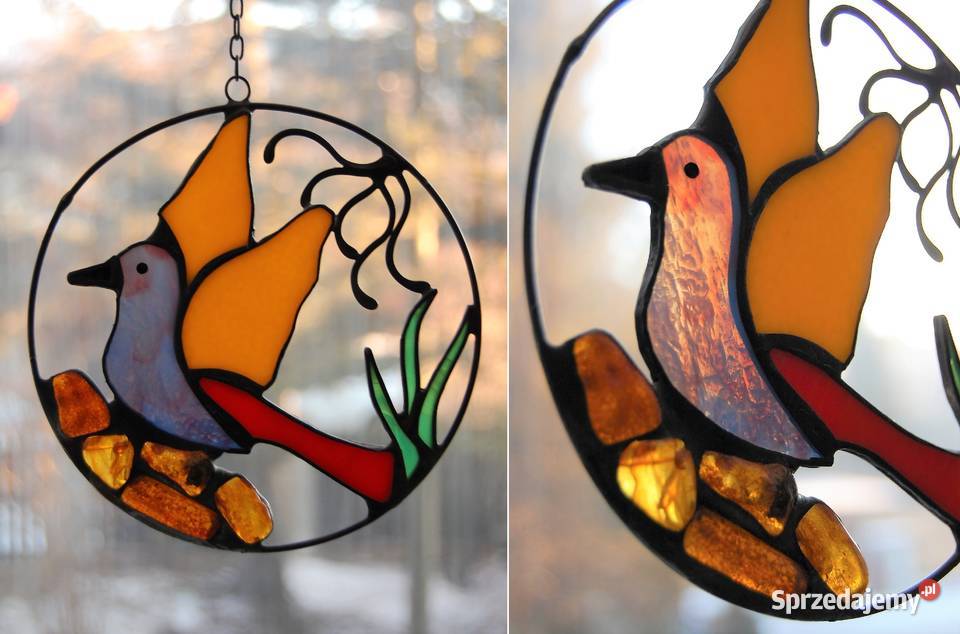 Witraż rajski ptak z bursztynem bursztyn lubelskie Lublin
