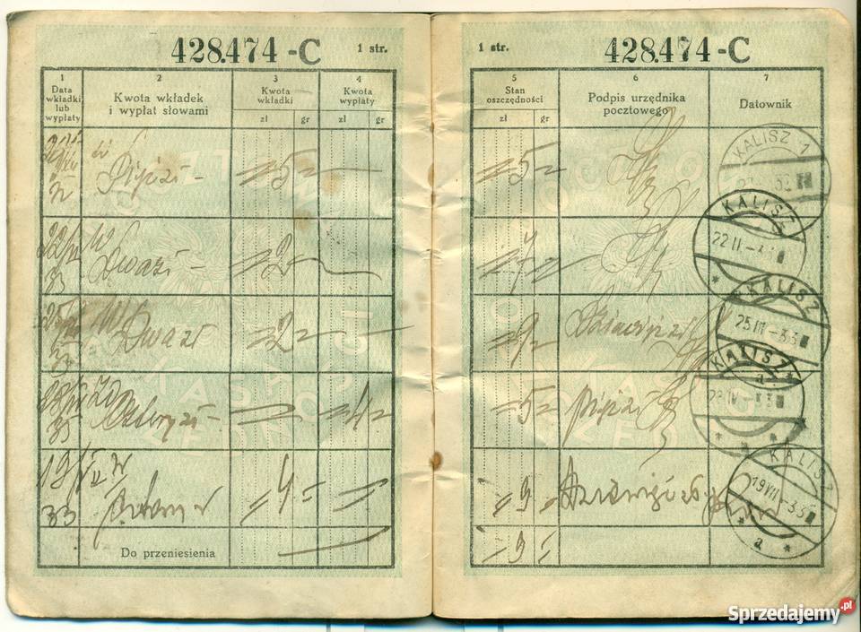 Książeczka wkładkowa PKO Kalisz 1 1932 428474C Ostrów Wielkopolski